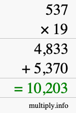 How to calculate 537 times 19 using long multiplication