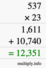How to calculate 537 times 23 using long multiplication