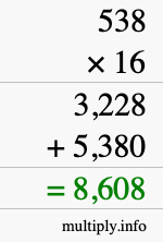 How to calculate 538 times 16 using long multiplication