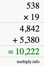 How to calculate 538 times 19 using long multiplication