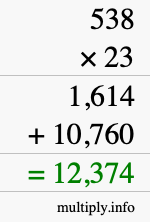 How to calculate 538 times 23 using long multiplication