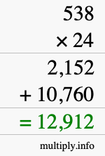 How to calculate 538 times 24 using long multiplication