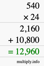 How to calculate 540 times 24 using long multiplication