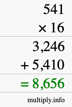 How to calculate 541 times 16 using long multiplication