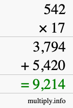 How to calculate 542 times 17 using long multiplication