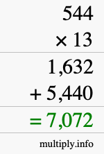 How to calculate 544 times 13 using long multiplication