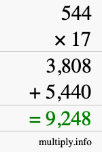 How to calculate 544 times 17 using long multiplication