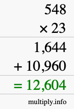How to calculate 548 times 23 using long multiplication