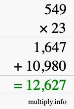 How to calculate 549 times 23 using long multiplication