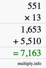 How to calculate 551 times 13 using long multiplication How to calculate 551 times 13 using long multiplication