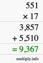 How to calculate 551 times 17 using long multiplication