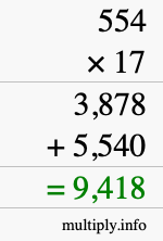 How to calculate 554 times 17 using long multiplication