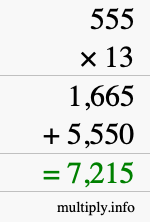 How to calculate 555 times 13 using long multiplication How to calculate 555 times 13 using long multiplication
