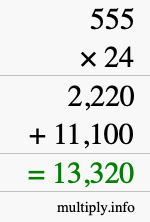 How to calculate 555 times 24 using long multiplication