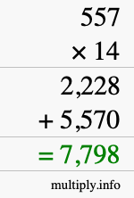 How to calculate 557 times 14 using long multiplication