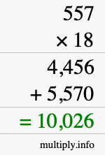 How to calculate 557 times 18 using long multiplication