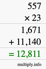 How to calculate 557 times 23 using long multiplication