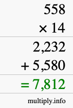 How to calculate 558 times 14 using long multiplication
