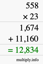 How to calculate 558 times 23 using long multiplication