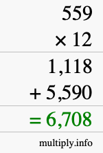 How to calculate 559 times 12 using long multiplication How to calculate 559 times 12 using long multiplication