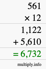 How to calculate 561 times 12 using long multiplication How to calculate 561 times 12 using long multiplication