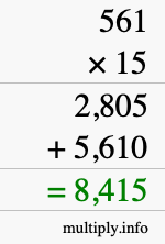 How to calculate 561 times 15 using long multiplication