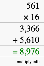How to calculate 561 times 16 using long multiplication How to calculate 561 times 16 using long multiplication