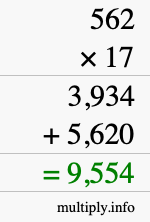 How to calculate 562 times 17 using long multiplication