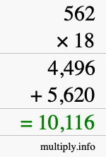 How to calculate 562 times 18 using long multiplication