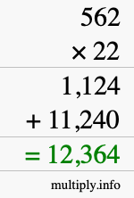 How to calculate 562 times 22 using long multiplication