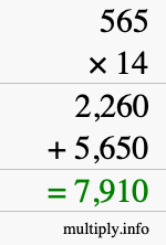 How to calculate 565 times 14 using long multiplication