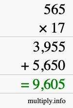 How to calculate 565 times 17 using long multiplication How to calculate 565 times 17 using long multiplication
