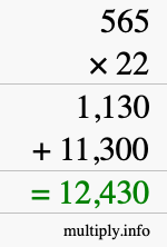 How to calculate 565 times 22 using long multiplication