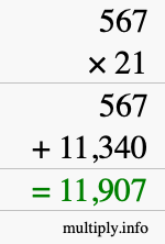 How to calculate 567 times 21 using long multiplication