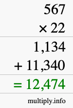 How to calculate 567 times 22 using long multiplication