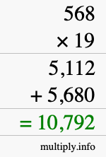 How to calculate 568 times 19 using long multiplication