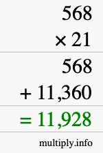 How to calculate 568 times 21 using long multiplication How to calculate 568 times 21 using long multiplication