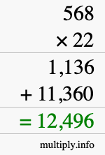 How to calculate 568 times 22 using long multiplication