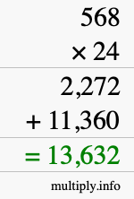 How to calculate 568 times 24 using long multiplication
