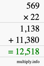 How to calculate 569 times 22 using long multiplication