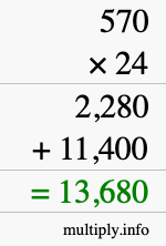 How to calculate 570 times 24 using long multiplication
