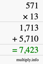 How to calculate 571 times 13 using long multiplication How to calculate 571 times 13 using long multiplication