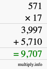 How to calculate 571 times 17 using long multiplication