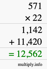 How to calculate 571 times 22 using long multiplication