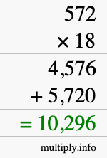 How to calculate 572 times 18 using long multiplication