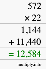 How to calculate 572 times 22 using long multiplication