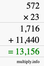 How to calculate 572 times 23 using long multiplication