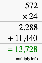 How to calculate 572 times 24 using long multiplication
