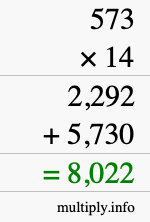 How to calculate 573 times 14 using long multiplication