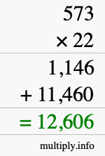 How to calculate 573 times 22 using long multiplication